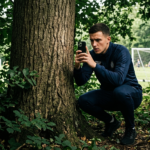 Immagine generata con intelligenza artificiale, che ritrae un uomo intento a spiare con il cellulare da dietro un albero