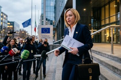 Immagine creata dall'intelligenza artificiale, che ritrae la Primo Ministro Georgia Meloni presso la sede del Parlamento europeo a Bruxelles