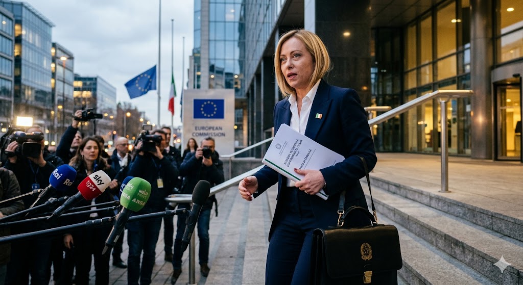 Immagine creata dall'intelligenza artificiale, che ritrae la Primo Ministro Georgia Meloni presso la sede del Parlamento europeo a Bruxelles